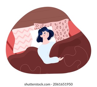 Insomnia and anxiety concept. Woman lying on bed and can not sleep at night. Tired character without strength and energy. Health problems and low melatonin levels. Cartoon flat vector illustration