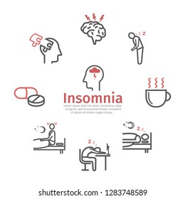 Insomnia banner, Symptoms. Line icons set. Vector signs for web graphics.