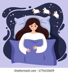 Insomnia. Beautiful young girl in bed with open eyes  cannot sleep. Woman counting sheep. Vector illustration in flat style
