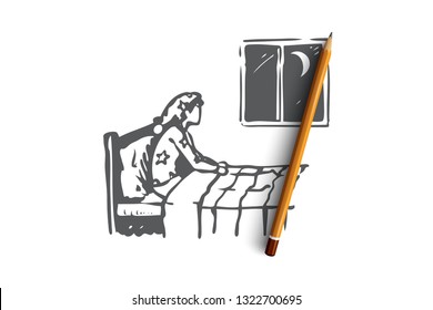 Insomnia, bed, woman, night, problem concept. Hand drawn person with night insomnia concept sketch. Isolated vector illustration.