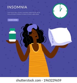 Insomnia. A black woman cannot sleep. Female character suffers from insomnia. Sleep disorder, sleeplessness concept.