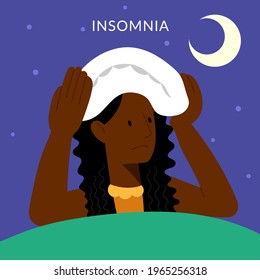 Insomnia. A black woman cannot sleep. Female character suffers from insomnia. Sleep disorder, sleeplessness concept.