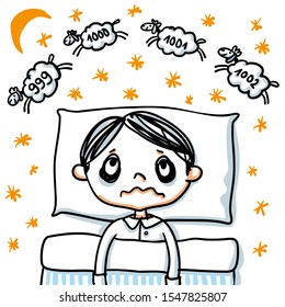 Insomnia - Boy who cannot fall asleep is counting sheep - sleeplessness hand-drawn vector illustration