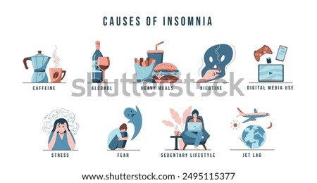 Insomnia causes big set. Reasons of insomnia: coffee, alcohol, heavy meal, stress, fear, sedentary lifestyle, digital media, smoking, jet lag. Flat vector illustration