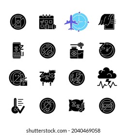 Insomnia Causes Black Glyph Icons Set On White Space. Reasons For Bad Sleep. Avoid Sleeplessness. No Caffeine. Healthy Diet. Regular Exercise. Silhouette Symbols. Vector Isolated Illustration