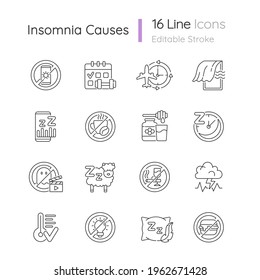 Insomnia causes linear icons set. Reasons for bad sleep. Avoid sleeplessness. No caffeine, fast food. Customizable thin line contour symbols. Isolated vector outline illustrations. Editable stroke