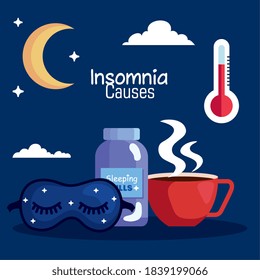insomnia causes mask pills jar and caffeine cup design, sleep and night theme Vector illustration