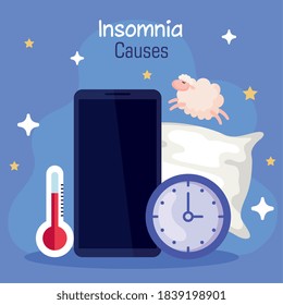 el insomnio causa el termómetro y el diseño del reloj de smartphone, el sueño y el tema nocturno Ilustración vectorial