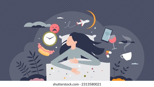 Insomnia causes and trouble with sleeping at night tiny person concept. Sleepless problem causes and bad habits impact to relaxation and quality sleep hygiene vector illustration. Anxiety and stress.