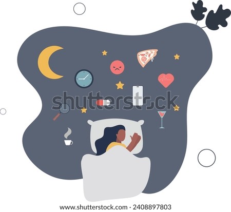 Insomnia causes and trouble with sleeping at night . Sleepless problem causes and bad habits impact to relaxation and quality sleep hygiene.