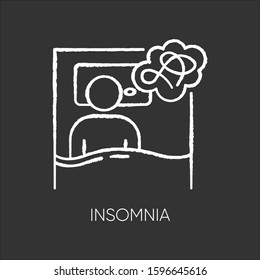 Insomnia chalk icon. Sleep deprivation. Person awake. Sleeplessness from stress and anxiety. Exhaustion, fatigue. Depression, worry. Mental disorder. Isolated vector chalkboard illustration