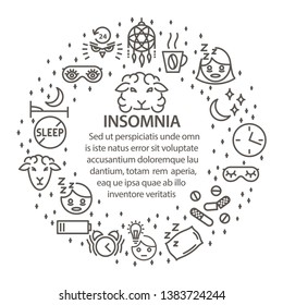 Insomnia circle template in line art stule. Mental disorders of Insomnia round banner. Mental health series - insomnia lineart composition. Vector illustration