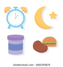 insomnia, clock moon night food medicine icons vector illustration