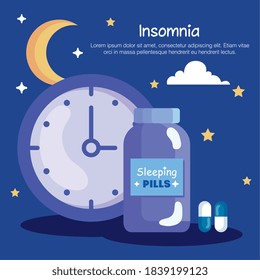insomnia clock and pills jar design, sleep and night theme Vector illustration