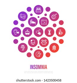 Insomnia concept in circle shape. Thin line icons set. Alarm clock, sleeping mask, comfortable pillow, dreamcatcher, earplug, aroma diffuser, pills, sromatherapy, sheep jumping. Vector illustration.