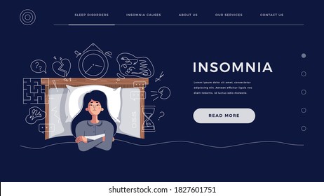 Concepto de insomnio para página principal, plantilla de sitio web. La mujer joven sufre de trastornos del sueño por problemas mentales, ideas. Niña pensando en la fecha límite, eventos alterados, ilustración vectorial de caricatura plana