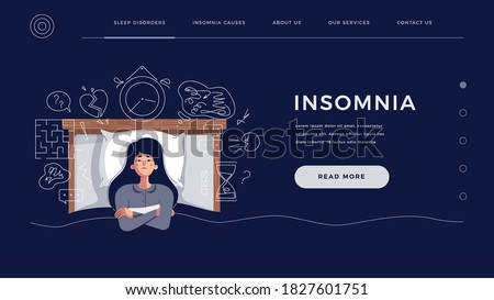 Insomnia concept for home page, website template. Young woman suffers from sleep disorder cause of mental problems, ideas. Girl thinking about deadline, upset events, flat cartoon vector illustration