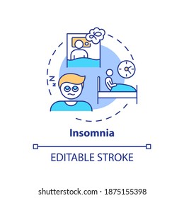 Insomnia concept icon. Sleep disorder. Anxiety and stress symptom. Awake at night. Sleeplessness idea thin line illustration. Vector isolated outline RGB color drawing. Editable stroke