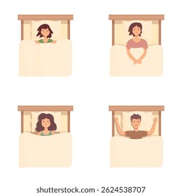 Insomnia concept icons set cartoon vector. People suffering from sleeplessness. Sleeping problem