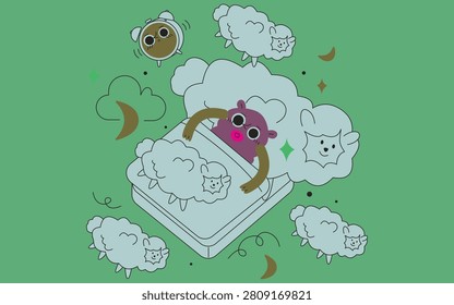Insomnia concept illustration, cute character in bed counting sheep to fall asleep vector