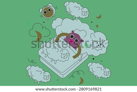 Insomnia concept illustration, cute character in bed counting sheep to fall asleep vector