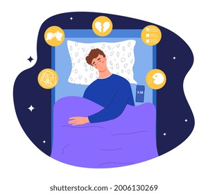 Insomnia concept. Man can not fall asleep because of mental problems. Character is lying on the bed, crying and thinking about task, relationships and other problems. Cartoon flat vector illustration