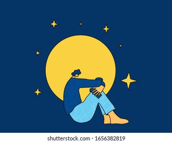 Insomnia Concept. Man Have Problem With Night Sleep. Male Character Sitting On The Floor After Nightmare. Man With Bad Mood Can't Sleep. Boy Holding Phone In The Hand. Vector Illustration.