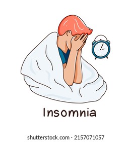 Insomnia concept. A man sits wrapped in a blanket with an alarm clock. Long-term of covid-19. Vector hand drawn illustration