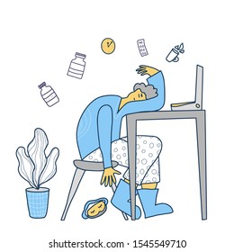 Insomnia concept. Person sitting at the table and sleeping. Exhausted character. Vector color  illustration.