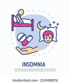 Insomnia concept with thin line icon, sleeplessness, man sitting in bed, anxiety, low melatonin, hand with pills.  Sleep disorder. Vector illustration.