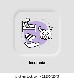 Insomnia concept with thin line icon, sleeplessness, man sitting in bed, anxiety, low melatonin, hand with pills.  Sleep disorder. Vector illustration.