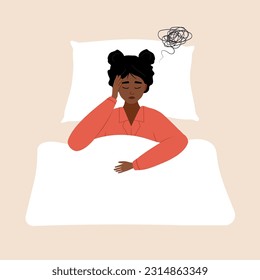 Insomnia concept. Tired african woman suffer from headache. Sleepless girl lying in bed and thinking about problems. Vector illustration in flat cartoon style. Pregnancy or menopause.