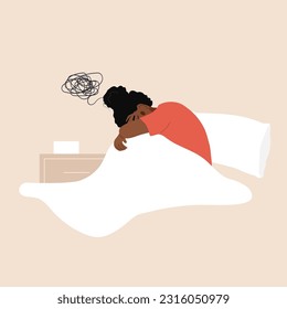 Insomnia concept. Tired african woman having difficulty falling asleep. Sleepless girl lying in bed and thinking about problems. Vector illustration in flat cartoon style. Depression or frustration.