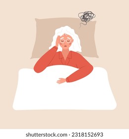 Insomnia concept. Tired elderly woman suffer from headache. Sleepless female character lying in bed and thinking about menopause problems. Vector illustration in flat cartoon style.