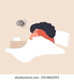 Insomnia concept. Tired and upset woman having difficulty falling asleep. Sleepless girl lying in bed and thinking about problems. Vector illustration in flat cartoon style. Depression or frustration.