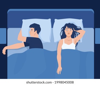 Insomnia concept with unhappy caucasian couple lying in bed. Sleeplessness, sleep disorder, family relationship problems. Tired male and female characters in night bedroom. Flat cartoon vector design