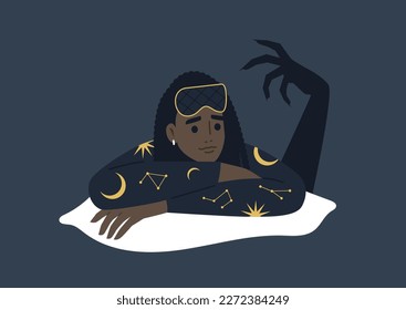 Insomnia concept, a young female African character suffering in their bed, a huge monster hand shadow behind