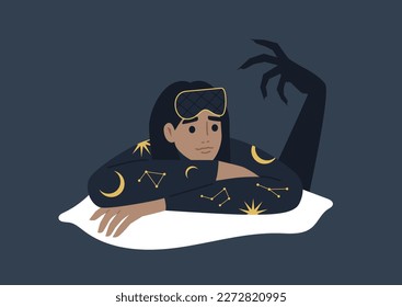 Insomnia concept, a young female Caucasian character suffering in their bed, a huge monster hand shadow behind