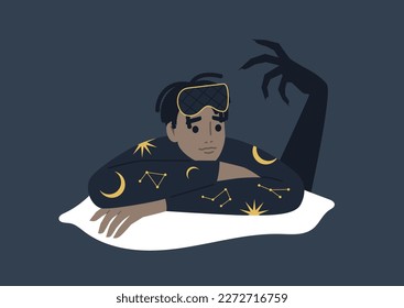 Insomnia concept, a young male African character suffering in their bed, a huge monster hand shadow behind