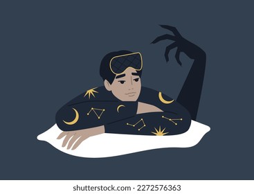 Insomnia concept, a young male Asian character suffering in their bed, a huge monster hand shadow behind
