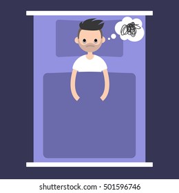 Insomnia conceptual illustration: young bearded man laying in the bad with open eyes / flat editable vector illustration