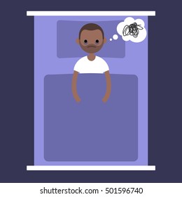 Insomnia conceptual illustration: young black man laying in the bed with open eyes / flat editable vector illustration