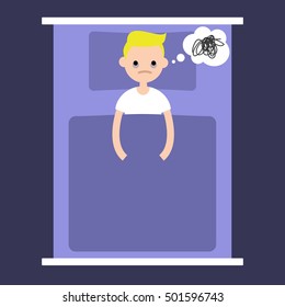 Insomnia conceptual illustration: young blonde boy laying in the bad with open eyes / flat editable vector illustration