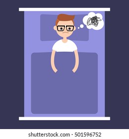 Insomnia conceptual illustration: young nerd laying in the bed with open eyes / flat editable vector illustration