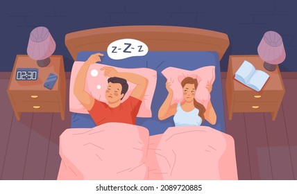 Insomnia couple. Snore apnea sleep trouble in bed, indifference tired husband, angry wife, home bedroom man woman person problem relationship, home bedroom, swanky vector illustration