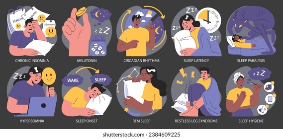 Insomnia dark or night mode set. Diverse characters suffering from sleep deprivation. Sleep and mental disorder. Sleep hygiene and stages. Circadian rhythm maintaining. Flat vector illustration.