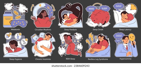 Insomnia dark or night mode set. Diverse characters suffering from sleep deprivation. Sleep and mental disorder. Sleep hygiene and stages. Circadian rhythm maintaining. Flat vector illustration.