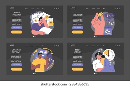 Insomnia dark or night mode web, landing set. Diverse characters suffering from sleep deprivation. Sleep and mental disorder. Sleep hygiene and stages. Circadian rhythm. Flat vector illustration.