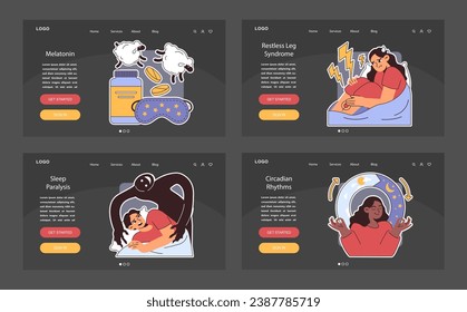 Insomnia dark or night mode web, landing set. Diverse characters suffering from sleep deprivation. Sleep and mental disorder. Sleep hygiene and stages. Circadian rhythm. Flat vector illustration.