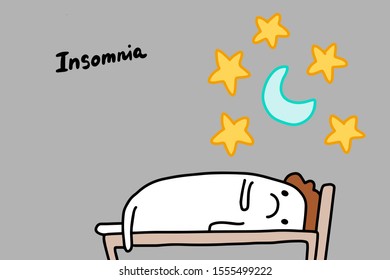 Insomnia depression symptom hand drawn vector illustration in cartoon comic style man with open eyes at night lettering